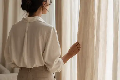 Mulher próxima a uma cortina clara, em cena de rotina e cuidado.