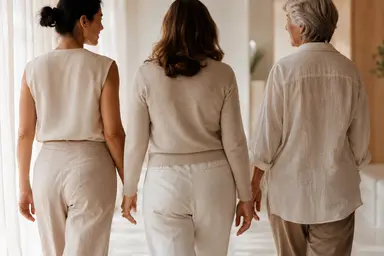 Mulheres adultas em ambiente claro, caminhando juntas.